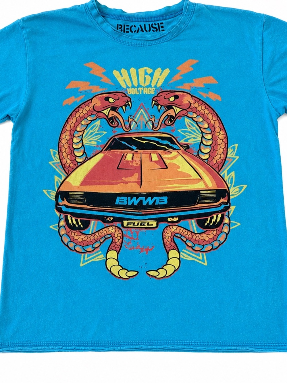 Y2K HIGH VOLTAGE GRAPHIC TSHIRT MENS MEDIUM TURQUOISE BMW CAR SNAKE ART